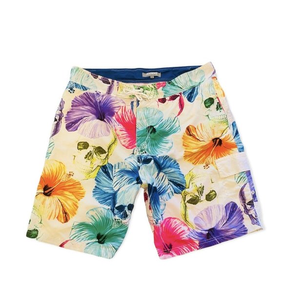 Men's Swim Trunks Hibiscus Floral and Skulls Board Shorts Pockets Mesh Lined 38 - Picture 1 of 6